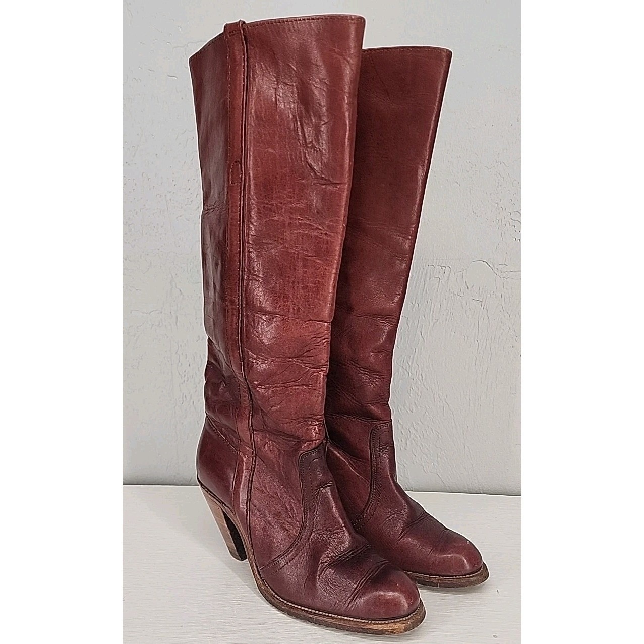 Frye 7.5b | 7943 Burgundy Leather Tall Pull On Stacked Heel Boots Women Usa Made